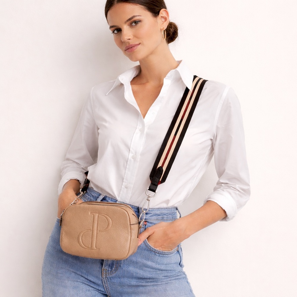 Leather camera bag Prune Tan Crossbody Bag with Striped Strap